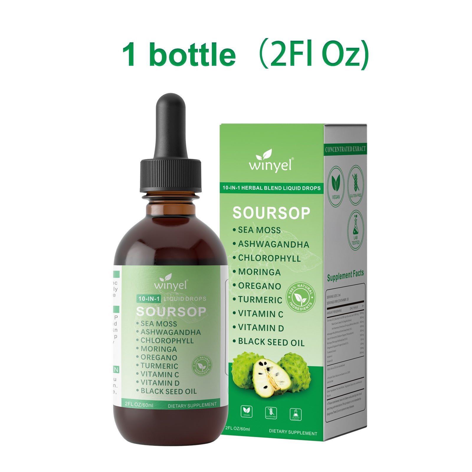 Soursop Drops 10-in-1 With Seaweed Moringa Black Seed Oil Oregano Ashwagandha Chlorophyll Herbal Extracts For Overall Health Vegan 2 Fl Oz Supplement - Healthcare, Natural