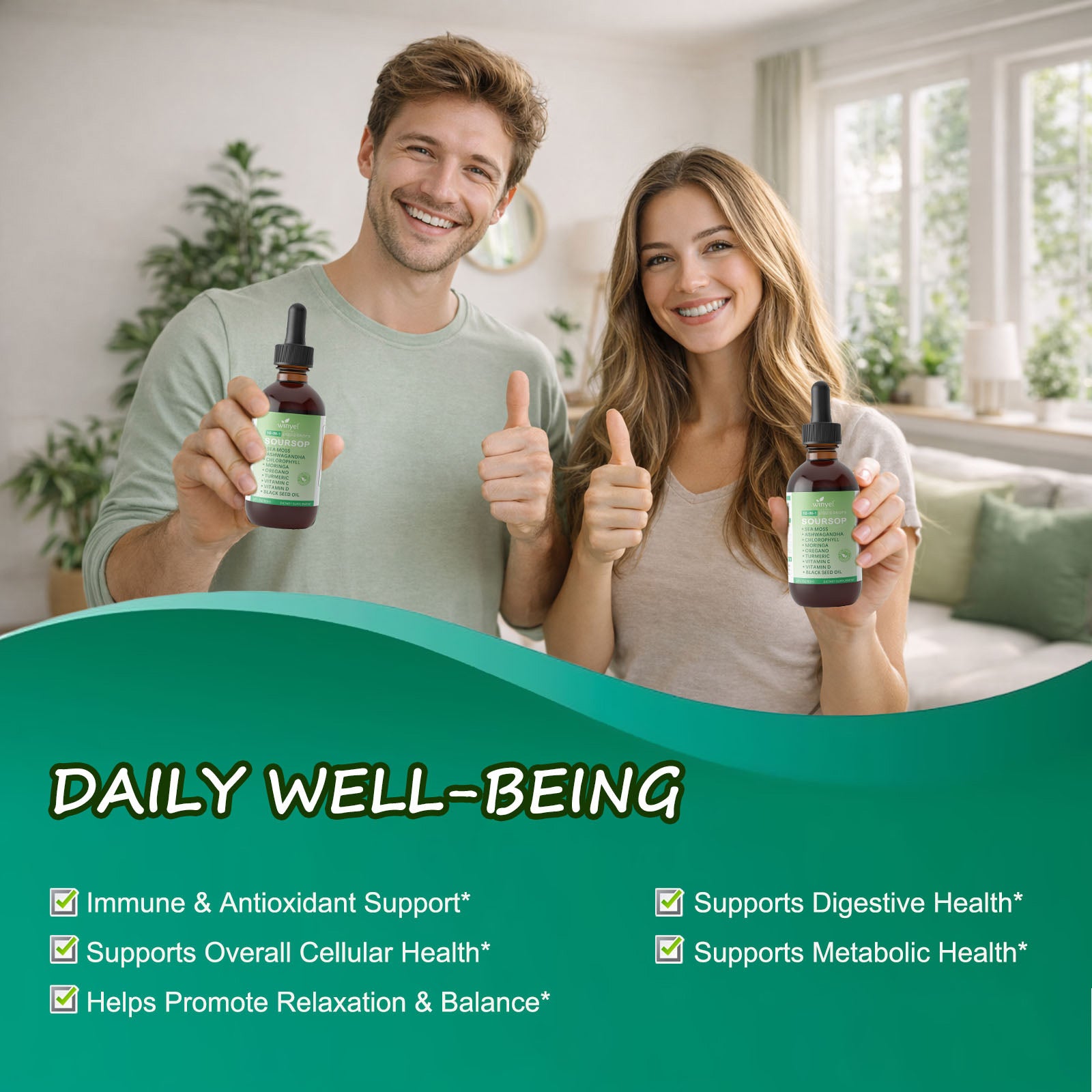 Soursop Drops 10-in-1 With Seaweed Moringa Black Seed Oil Oregano Ashwagandha Chlorophyll Herbal Extracts For Overall Health Vegan 2 Fl Oz Supplement - Healthcare, Natural
