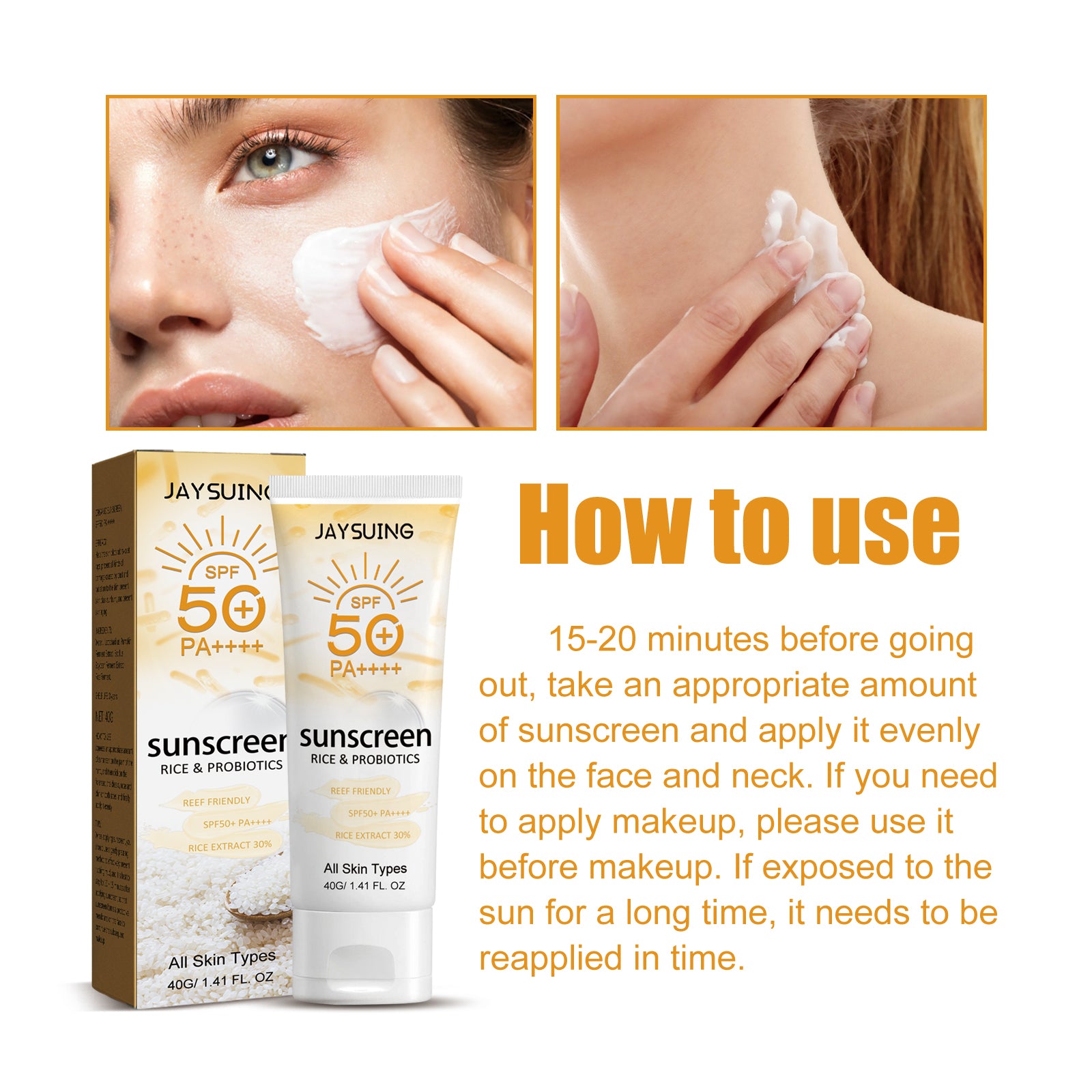 Jaysuing Probiotic Rice Organic Protective Cream, Face Body Non-greasy Outdoor UV Protection Cream