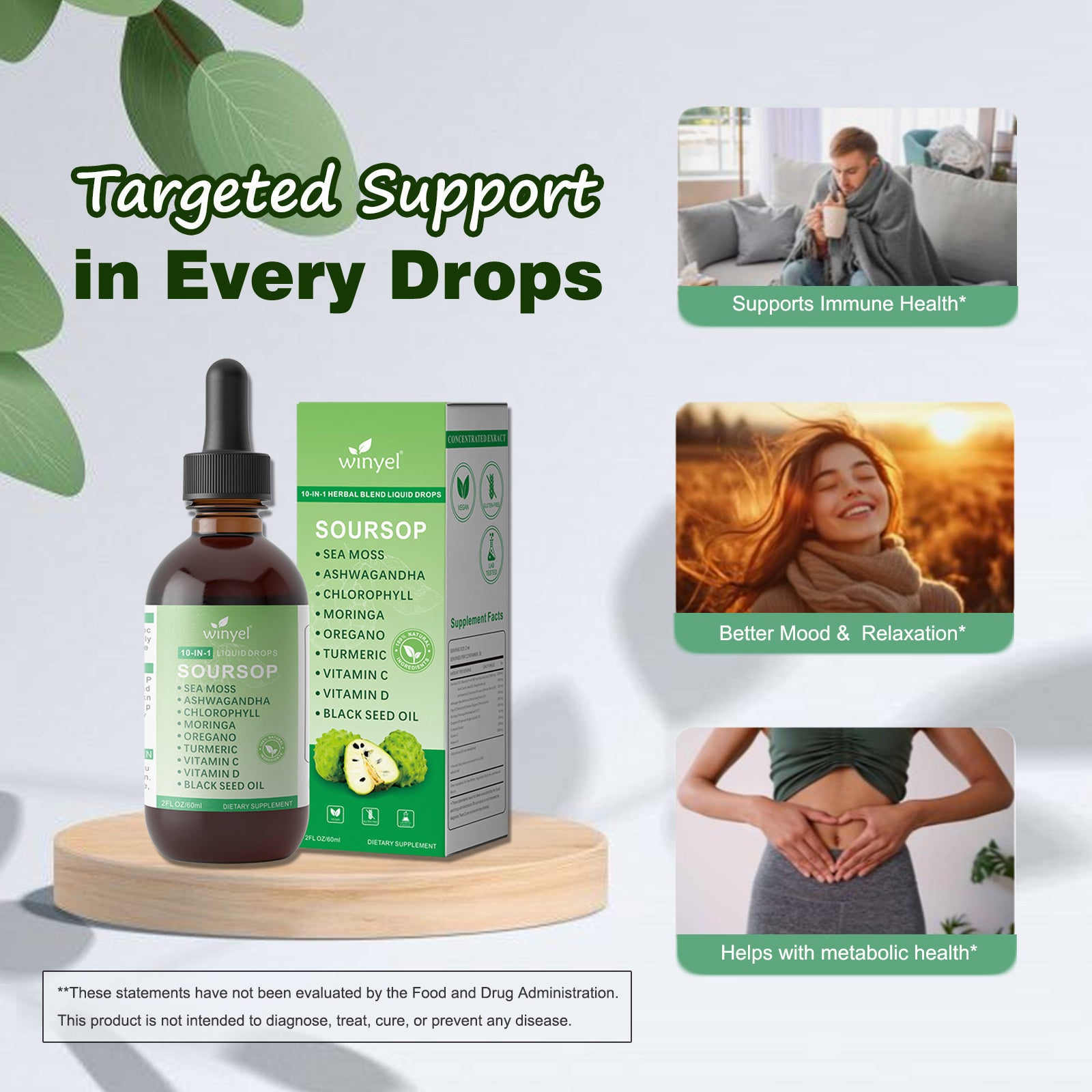 Soursop Drops 10-in-1 With Seaweed Moringa Black Seed Oil Oregano Ashwagandha Chlorophyll Herbal Extracts For Overall Health Vegan 2 Fl Oz Supplement - Healthcare, Natural
