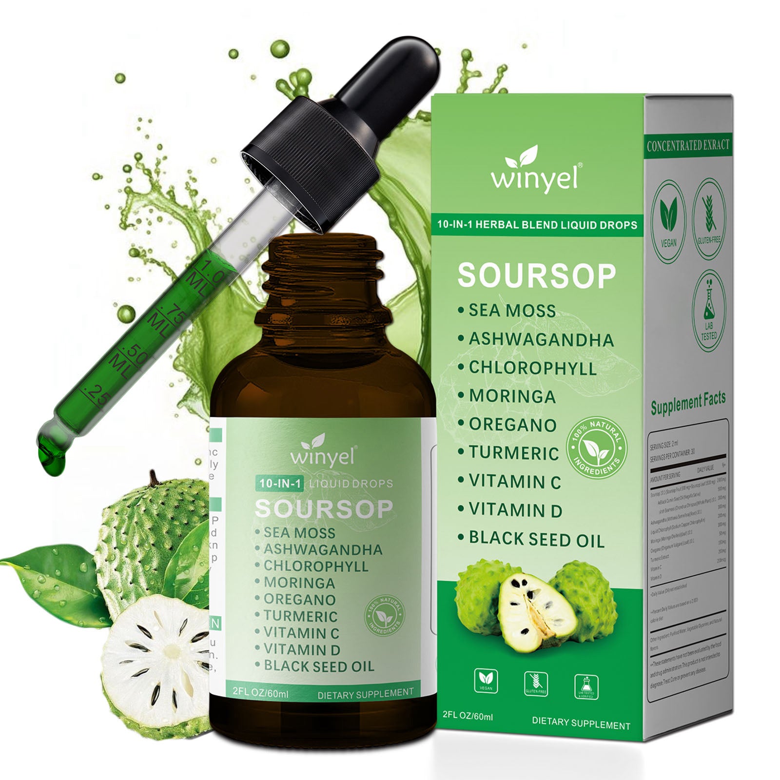 Soursop Drops 10-in-1 With Seaweed Moringa Black Seed Oil Oregano Ashwagandha Chlorophyll Herbal Extracts For Overall Health Vegan 2 Fl Oz Supplement - Healthcare, Natural