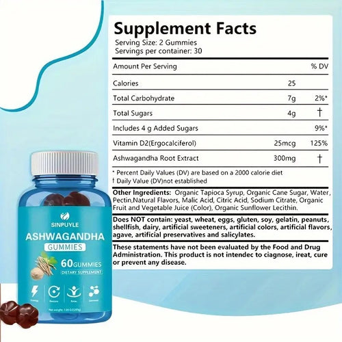 Ashwagandha Gummies 60 Count - Stress Relief, Energy Boost & Relax Support - Natural Adaptogen Supplement