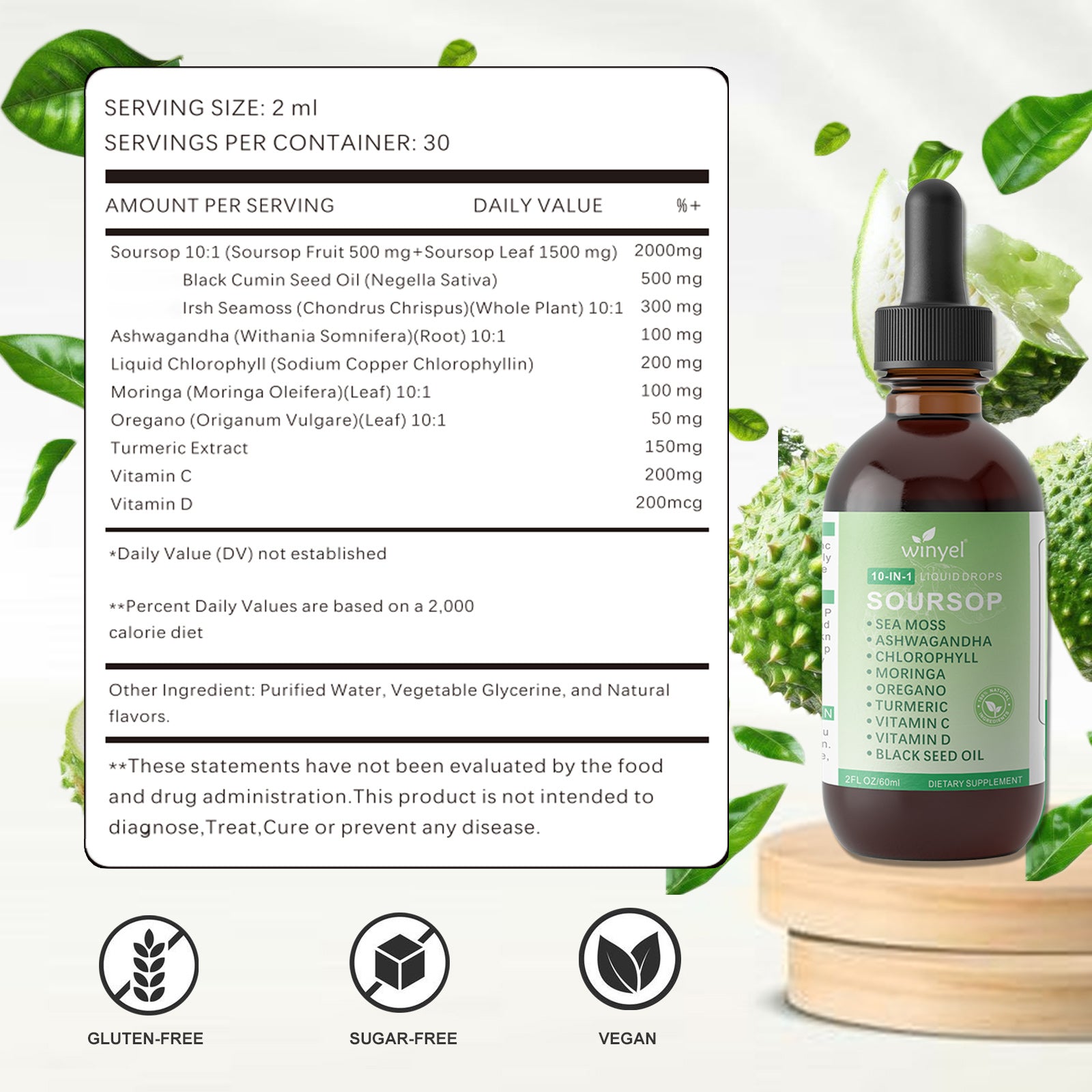 Soursop Drops 10-in-1 With Seaweed Moringa Black Seed Oil Oregano Ashwagandha Chlorophyll Herbal Extracts For Overall Health Vegan 2 Fl Oz Supplement - Healthcare, Natural
